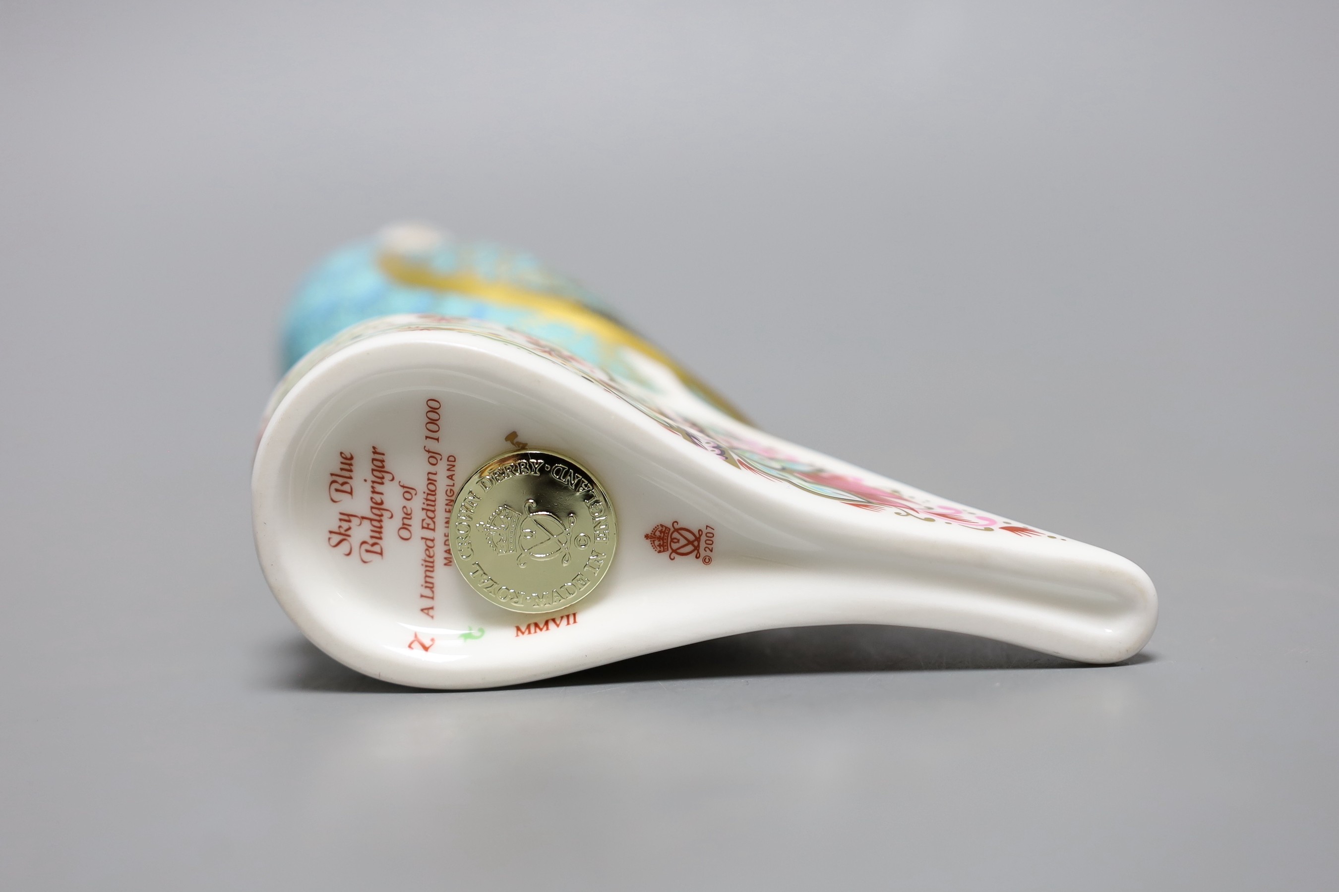 A limited edition Royal Crown Derby paperweight - Sky Blue Budgerigar, gold stopper, boxed with edition card, 647/1000